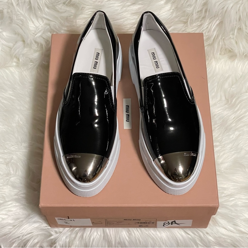 MIU MIU Black Patent Leather Metal Cap Toe Platform Slip-On Sneakers Shoes Flats